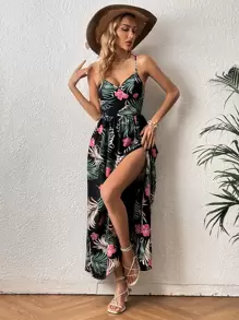 SHEIN VCAY Tropical Print Split Thigh Cami Dress - Multicolor - View 1