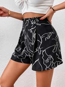 SHEIN Privé Quần đùi nữ Thắt lưng Dây kéo Quần paper-bag Con số Tất cả trên in Giải trí - màu đen - Xem 5