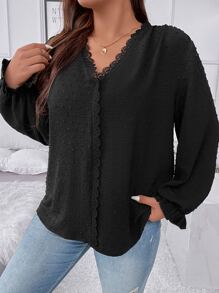 Franclia Plus Swiss Dot Guipure Lace Trim Flounce Sleeve Blouse - Black - View 4