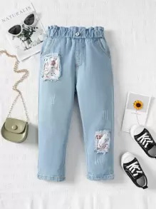 Toddler Girls Floral Print Paperbag Waist Ripped Jeans - Light Wash - View 1