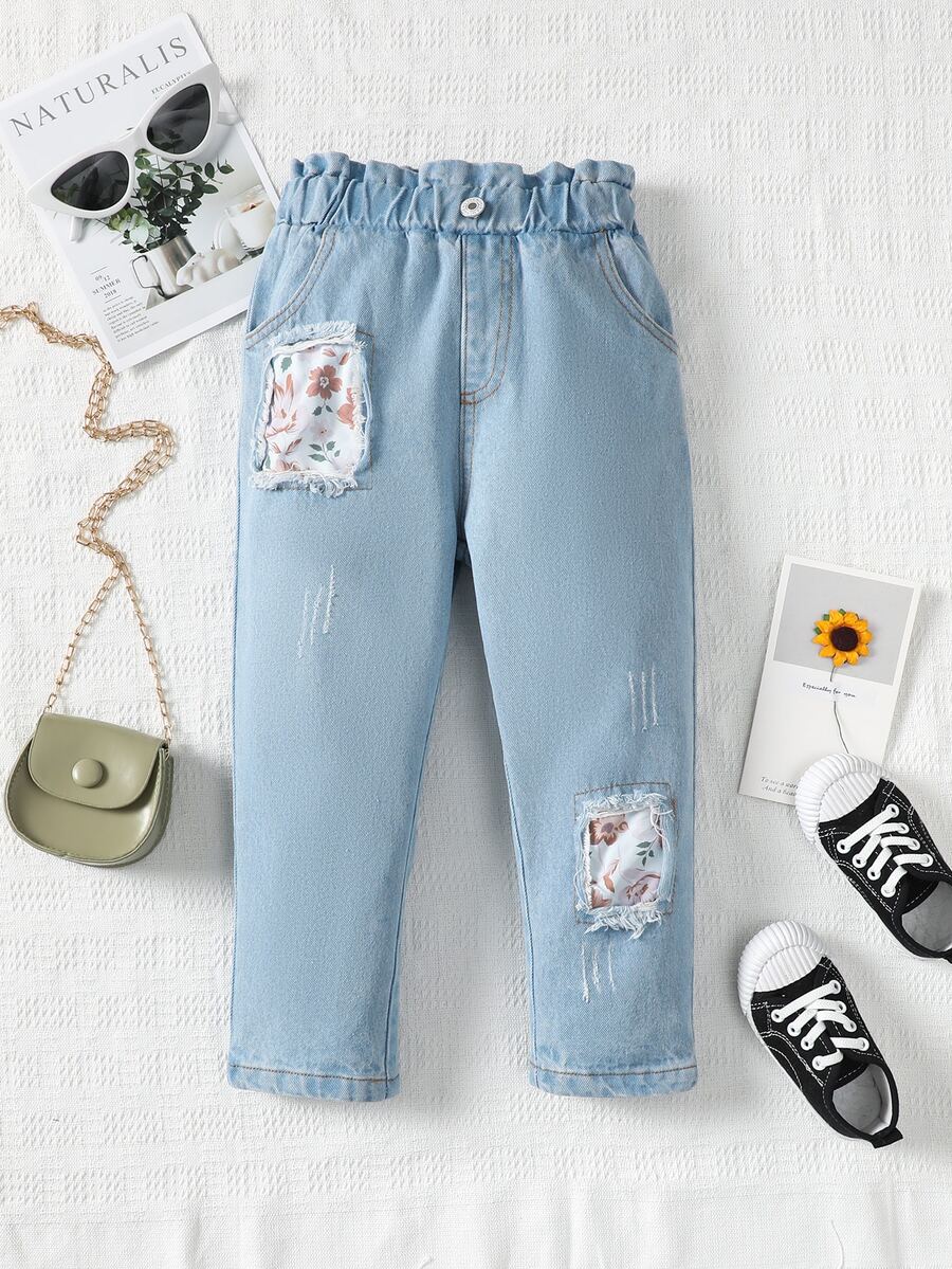 Toddler Girls Floral Print Paperbag Waist Ripped Jeans - Light Wash - View 1