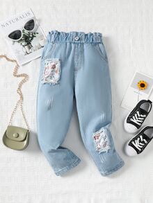 Toddler Girls Floral Print Paperbag Waist Ripped Jeans - Light Wash - View 3