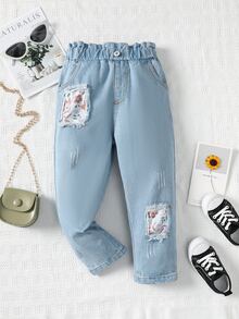 Toddler Girls Floral Print Paperbag Waist Ripped Jeans - Light Wash - View 4