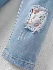 Toddler Girls Floral Print Paperbag Waist Ripped Jeans - Light Wash - View 7