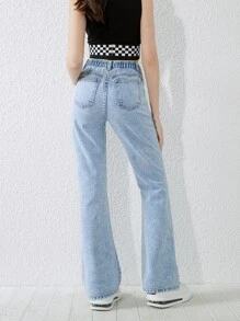 SHEIN Chicas adolescentes Jeans de pierna amplia desgarro - Lavado ligero - Ver 2