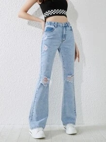 SHEIN Chicas adolescentes Jeans de pierna amplia desgarro - Lavado ligero - Ver 1