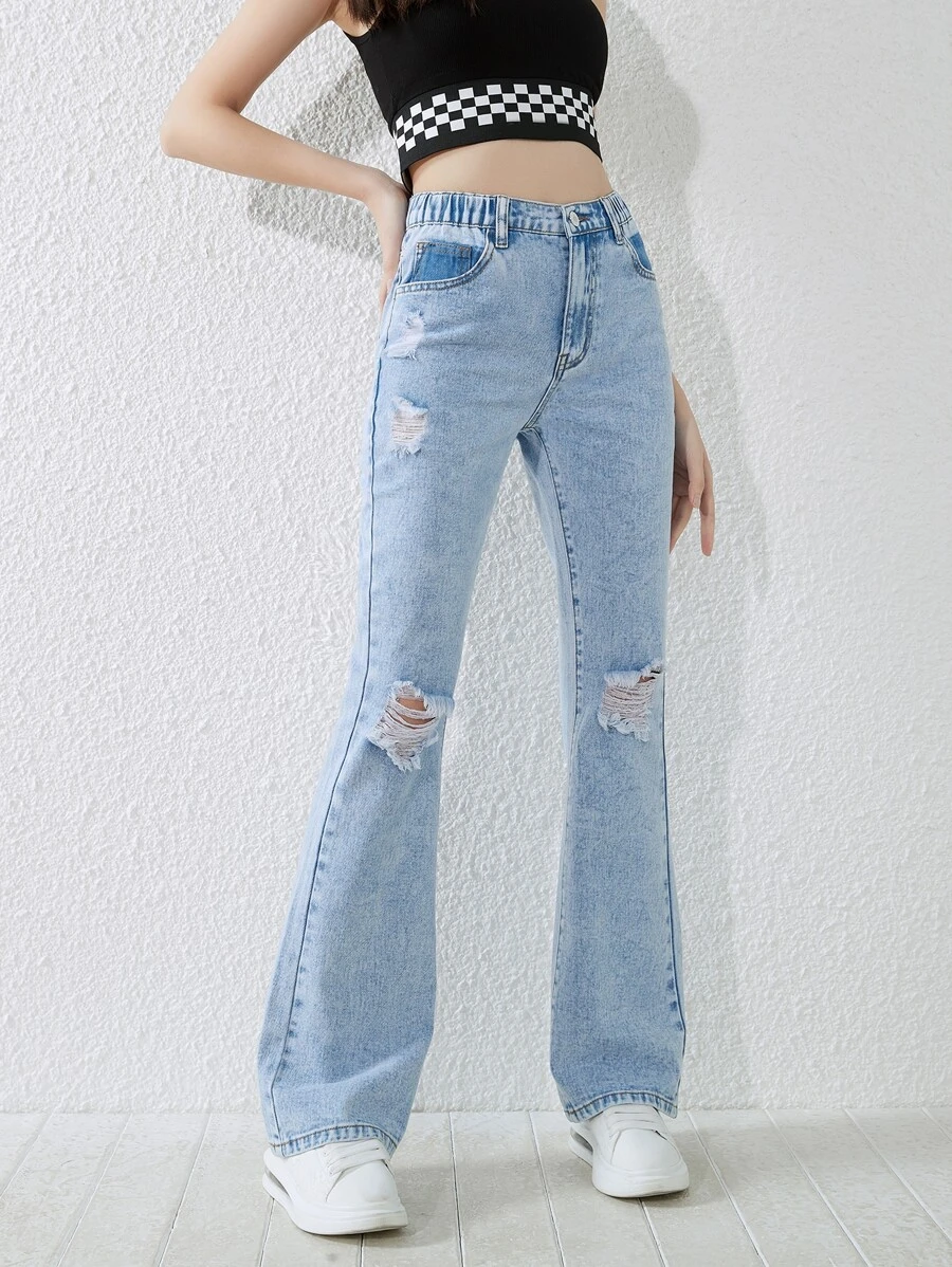 SHEIN Chicas adolescentes Jeans de pierna amplia desgarro - Lavado ligero - Ver 1