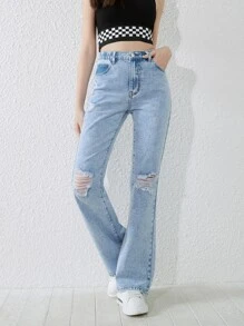 SHEIN Chicas adolescentes Jeans de pierna amplia desgarro - Lavado ligero - Ver 5