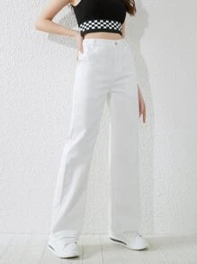 SHEIN Explorewe Teen Girl New Casual All-Match Four-Seasons White Washed Straight-Leg Jeans - White - View 1