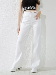 SHEIN Explorewe Teen Girl New Casual All-Match Four-Seasons White Washed Straight-Leg Jeans - White - View 4