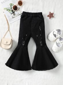 嬰兒破洞毛邊緣牛仔喇叭褲 - 黑色 - 查看 1