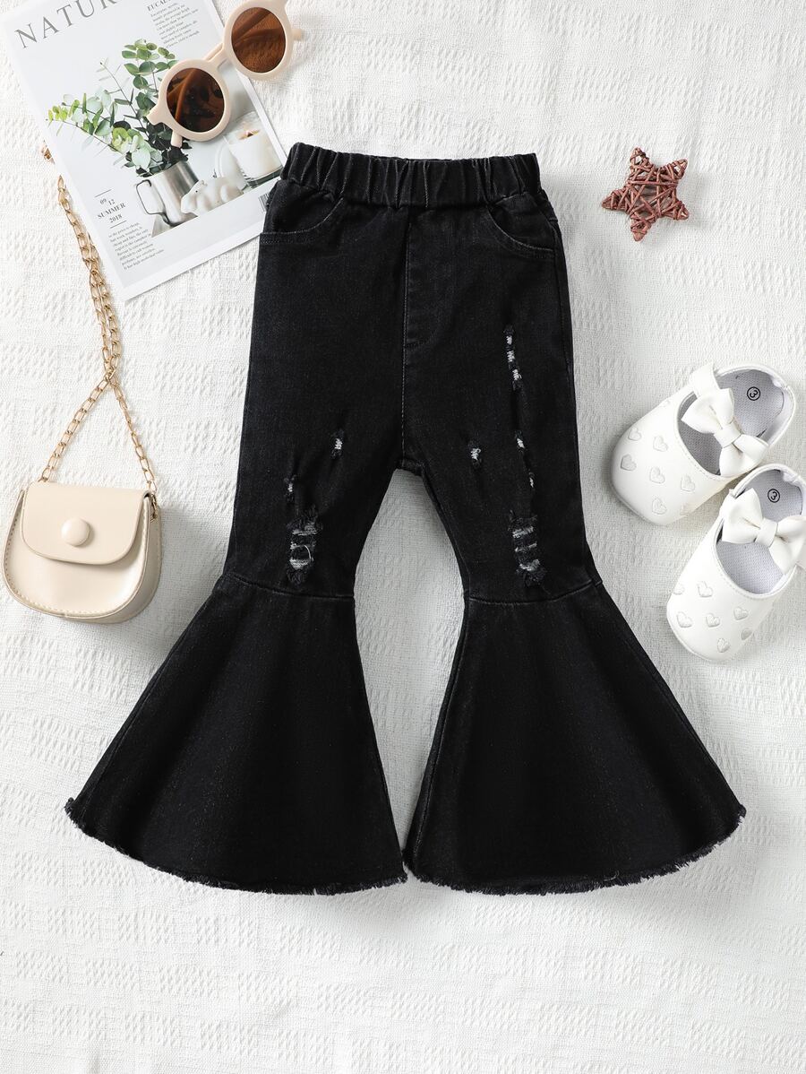 嬰兒破洞毛邊緣牛仔喇叭褲 - 黑色 - 查看 1