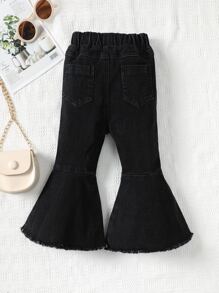 嬰兒破洞毛邊緣牛仔喇叭褲 - 黑色 - 查看 2