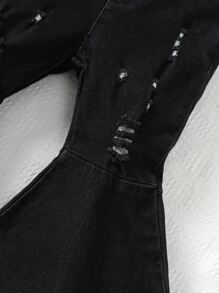 嬰兒破洞毛邊緣牛仔喇叭褲 - 黑色 - 查看 3