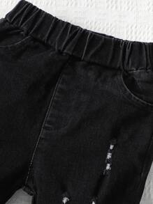 嬰兒破洞毛邊緣牛仔喇叭褲 - 黑色 - 查看 4