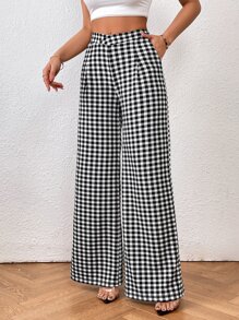 SHEIN Privé 格子圖案闊腿褲 - 黑與白 - 查看 4
