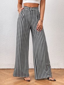 SHEIN Privé 格子圖案闊腿褲 - 黑與白 - 查看 6