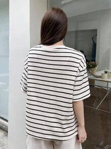 DAZY Camiseta ancha de hombros caídos a rayas - Beis - Ver 2