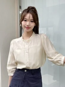 DAZY Xếp nếp Cái cổ Nút phía trước Áo sơ mi - Màu be - Xem 1