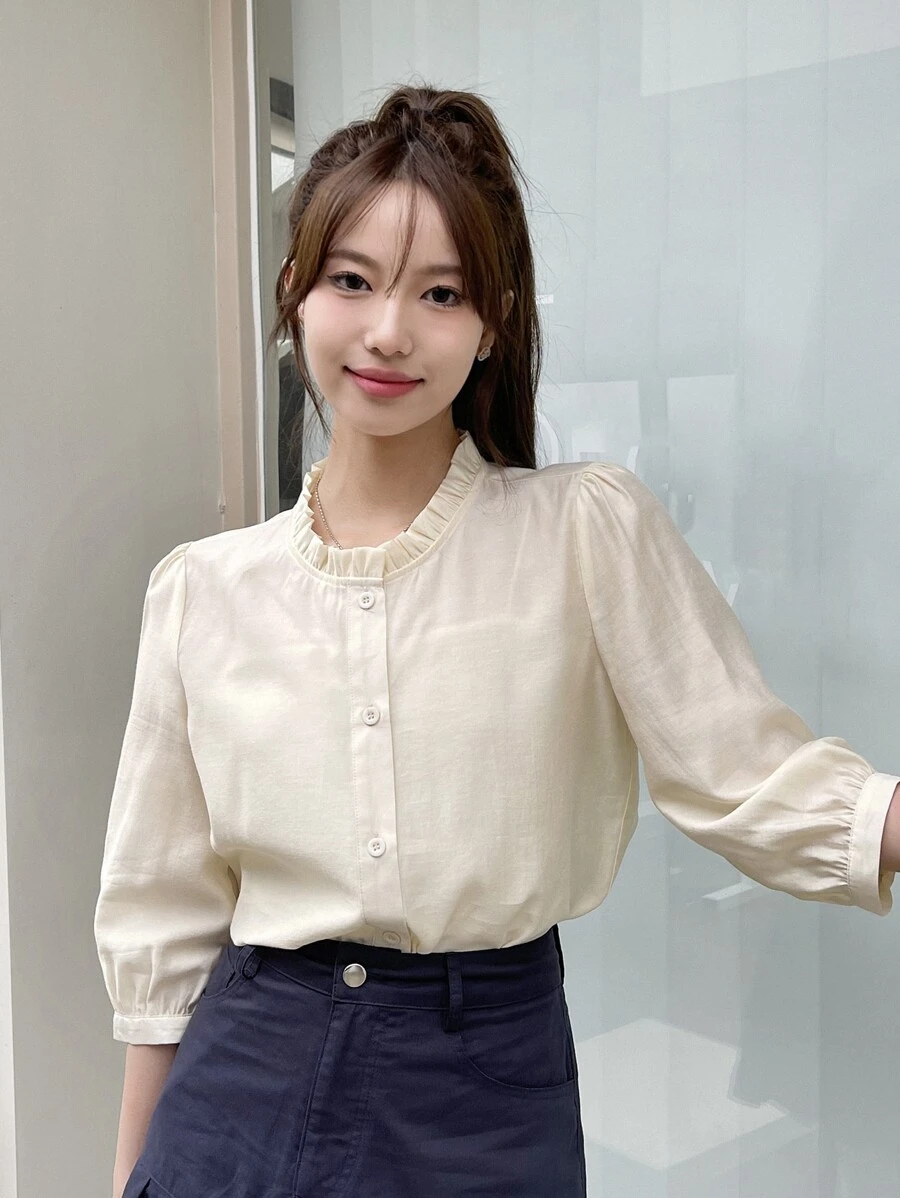 DAZY Xếp nếp Cái cổ Nút phía trước Áo sơ mi - Màu be - Xem 1