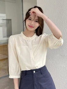 DAZY Xếp nếp Cái cổ Nút phía trước Áo sơ mi - Màu be - Xem 3