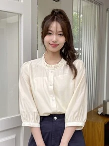 DAZY Xếp nếp Cái cổ Nút phía trước Áo sơ mi - Màu be - Xem 4