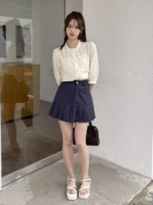 DAZY Xếp nếp Cái cổ Nút phía trước Áo sơ mi - Màu be - Xem 5