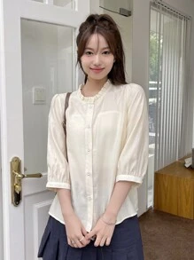 DAZY Xếp nếp Cái cổ Nút phía trước Áo sơ mi - Màu be - Xem 7