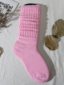 1 双女士韩版春夏百搭绒袜，学院风洛丽塔简约运动袜，纯色过膝袜（不含袜板），秋季袜子 - 粉色 - 查看 2