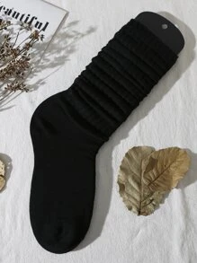 1双女士春夏韩版时尚毛绒袜，学院风/洛丽塔风/简约风/四季运动装，纯色及膝袜（不含袜板），秋季袜子 - 黑色 - 查看 2