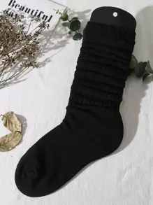 1双女士春夏韩版时尚毛绒袜，学院风/洛丽塔风/简约风/四季运动装，纯色及膝袜（不含袜板），秋季袜子 - 黑色 - 查看 3