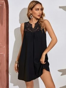 SHEIN VCAY Đầm Tương phản ren màu trơn Thanh lịch - màu đen - Xem 1