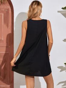 SHEIN VCAY Đầm Tương phản ren màu trơn Thanh lịch - màu đen - Xem 2