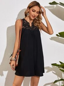 SHEIN VCAY Đầm Tương phản ren màu trơn Thanh lịch - màu đen - Xem 6