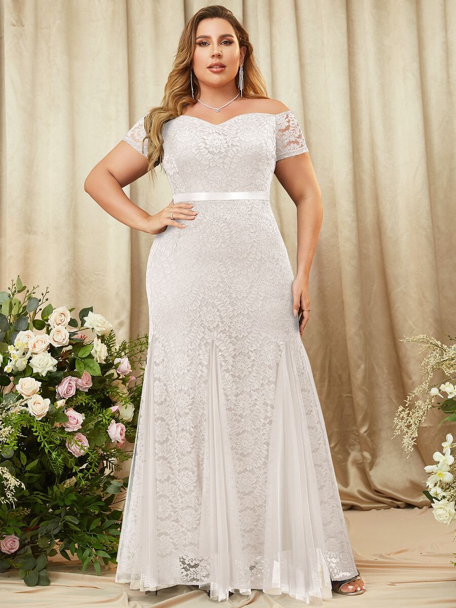 MIUSOL 大碼一字領全蕾絲魚尾裙下擺派對長連衣裙 - 白色 - 查看 1