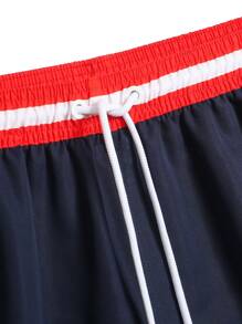 Surfspeed Men Letter Graphic Striped Trim Drawstring Waist Swim Trunks - Navy Blue - View 3