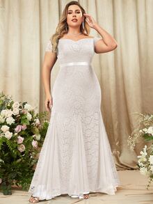 MIUSOL 大碼一字領全蕾絲魚尾裙下擺派對長連衣裙 - 白色 - 查看 3