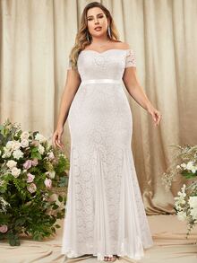 MIUSOL 大碼一字領全蕾絲魚尾裙下擺派對長連衣裙 - 白色 - 查看 4