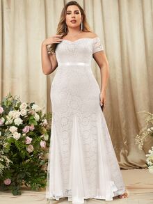 MIUSOL 大碼一字領全蕾絲魚尾裙下擺派對長連衣裙 - 白色 - 查看 5