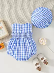 嬰兒格子圖案腰部打褶背心連體衣 - 藍白色 - 查看 2