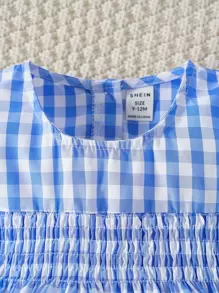 嬰兒格子圖案腰部打褶背心連體衣 - 藍白色 - 查看 4