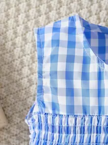嬰兒格子圖案腰部打褶背心連體衣 - 藍白色 - 查看 5