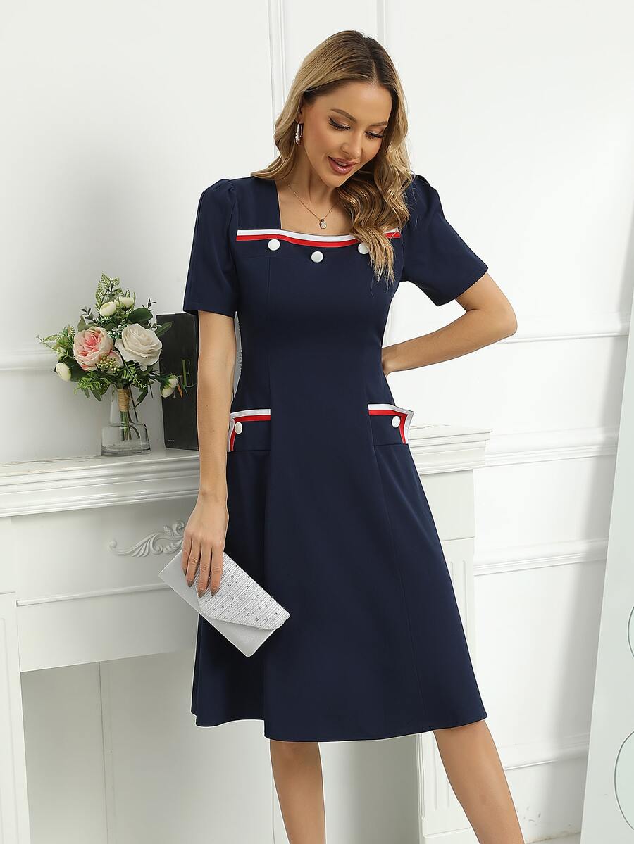 Striped Trim Square Neck Dress - Navy Blue - View 1