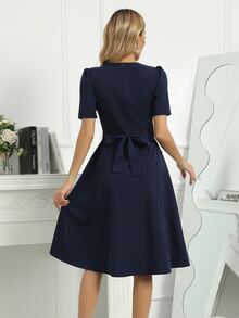 Striped Trim Square Neck Dress - Navy Blue - View 2