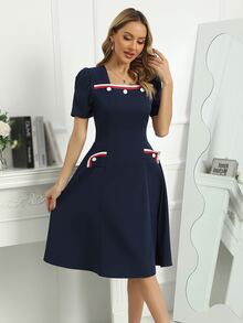 Striped Trim Square Neck Dress - Navy Blue - View 4