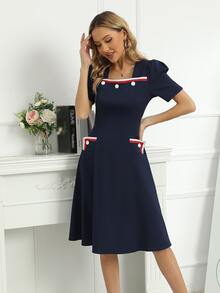 Striped Trim Square Neck Dress - Navy Blue - View 6