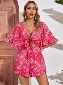 SHEIN VCAY Floral Print Tie Front Flounce Sleeve Romper - Multicolor - View 4