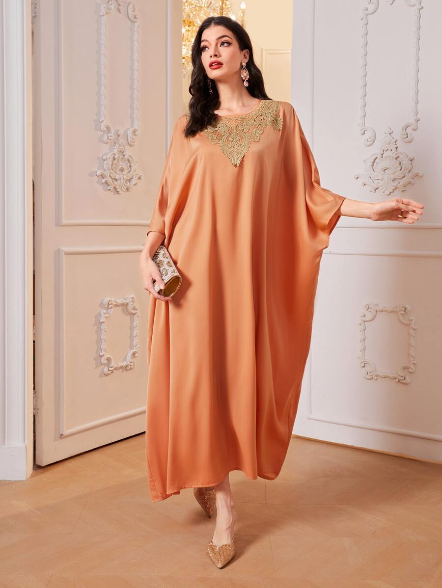 Al Najma Kaftan & Jalabiya Đề can Thêu Hoa Thanh lịch Khiêm tốn - trái cam - Xem 1