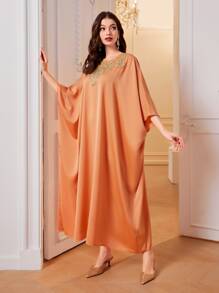 Al Najma Kaftan & Jalabiya Đề can Thêu Hoa Thanh lịch Khiêm tốn - trái cam - Xem 4