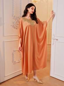 Al Najma Kaftan & Jalabiya Đề can Thêu Hoa Thanh lịch Khiêm tốn - trái cam - Xem 5